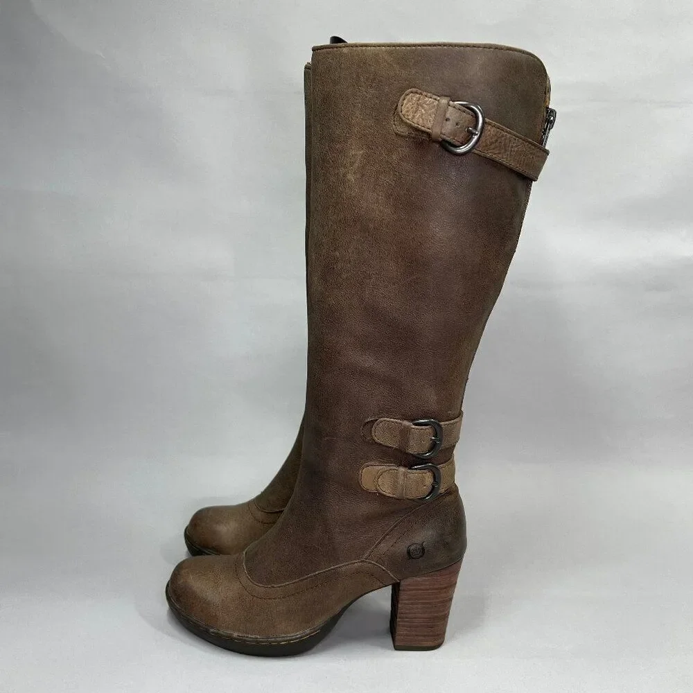Born Women's Size 6 Tall Brown Leather‎ Buckle Strap Heeled Riding Boots